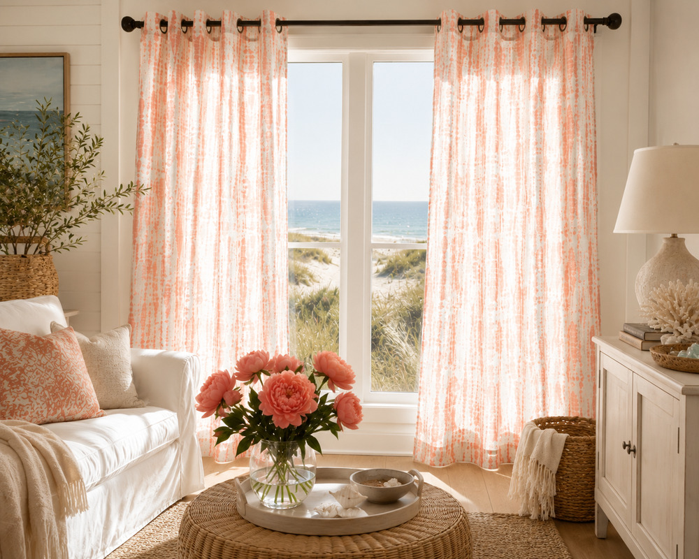 GAP Home Organic Cotton Window Curtain Pair 48x84 Coral Ikat Grommet NEW